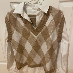 Argyle Patterned Tan and White Sweater Vest